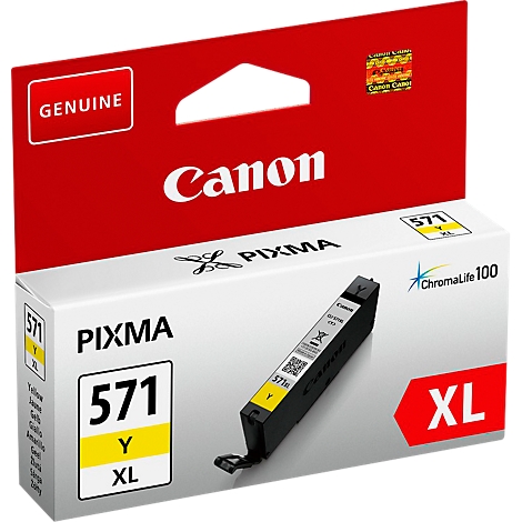 Canon ink cartridge 571 Y XL. Yellow cartridge in a white box, red background, PIXMA text.