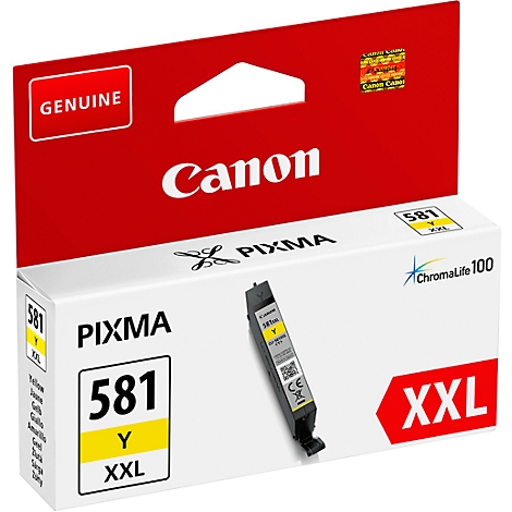 Yellow Canon ink cartridge with black housing. Printed: '581 Y XXL'. Red and white packaging with Canon logo.