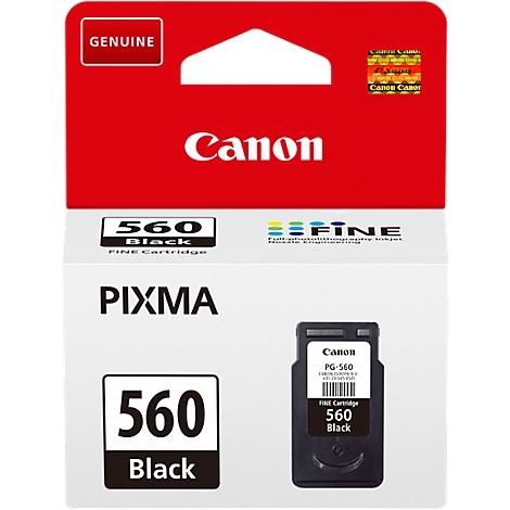 Black Canon PG-560 ink cartridge. The packaging says "Canon", "PIXMA", and "560 Black".