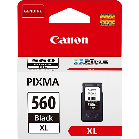 A black Canon ink cartridge, 560XL, against a red background. The text reads: "Genuine", "Canon", "PIXMA" and "FINE Cartridge".