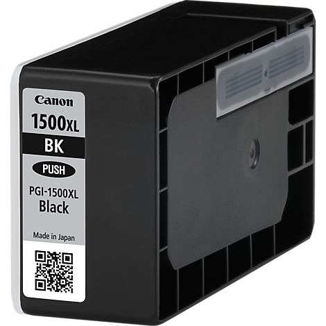 Black Canon 1500XL ink cartridge. The cartridge is labeled: 1500XL BK, PUSH, PGI-1500XL Black, Made in Japan. Sticker with QR code.