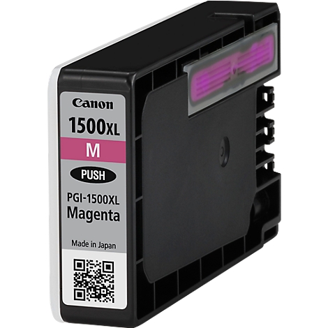 Magenta ink cartridge with black casing, Canon, 1500XL, M, PUSH, PGI-1500XL Magenta label, made in Japan.