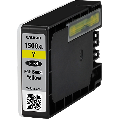 Yellow Canon ink cartridge with labels like '1500XL Y', 'PUSH' and 'Yellow'.