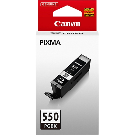A black Canon ink cartridge 550 PGBK against a white background. The package says "Genuine" and "Canon".