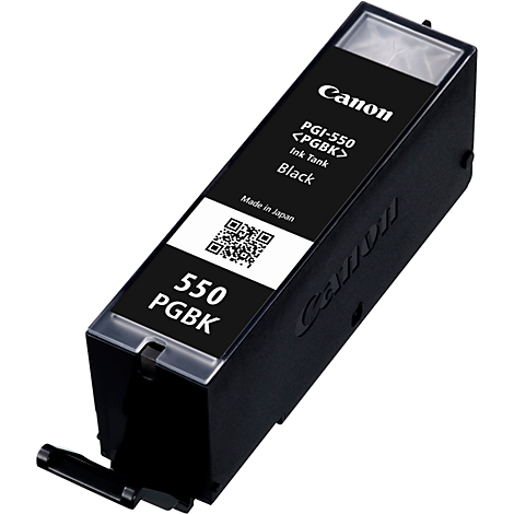 Black Canon ink cartridge. Inscription: PGI-550 PGBK Black, Made in Japan. QR code on a white label.