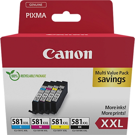 A red Canon ink cartridge box with four colored cartridges. Inscription: "XXL, More ink! More prints!" and "100% recyclable package".