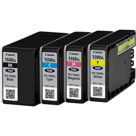 Four Canon ink cartridges. Black, cyan, magenta and yellow, labeled with type and name.