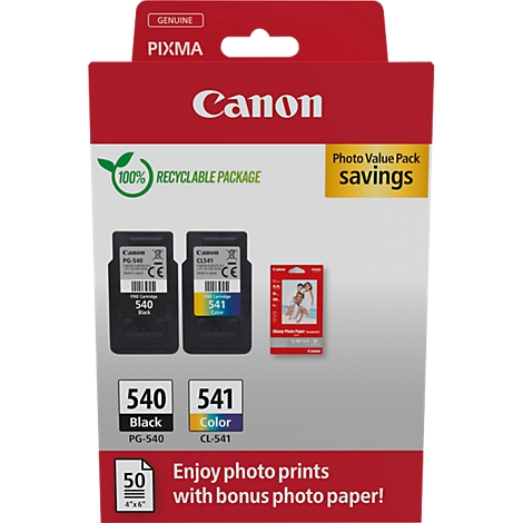 Canon Pixma Value Pack mit schwarzer und farbiger Tintenpatrone sowie Fotopapier.