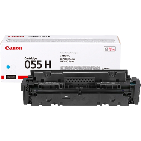 Black Canon toner with cartridge and packaging. Prints: Canon, Cartridge 055 H, i-SENSYS LBP660C Series, MF740C Series.