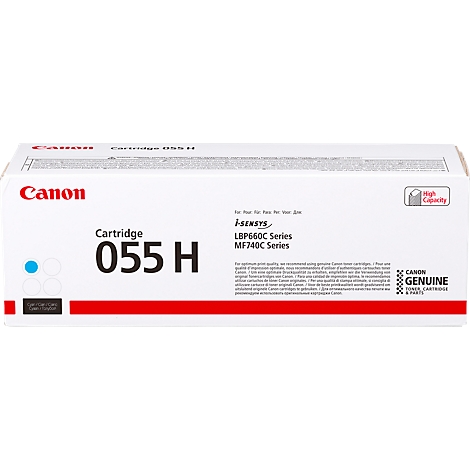 White Canon cartridge with red and blue lettering. Inscription: Cartridge 055H, I-SENSYS, LBP660C Series, MF740C Series, High Capacity.