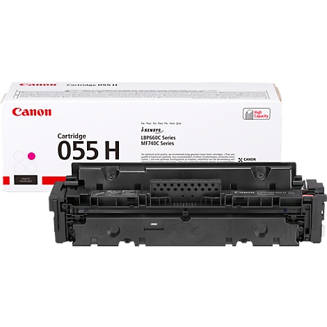 Black toner cartridge with a pink dot and "055 H" printed on it, in front of a white box with the Canon logo and "High Capacity".