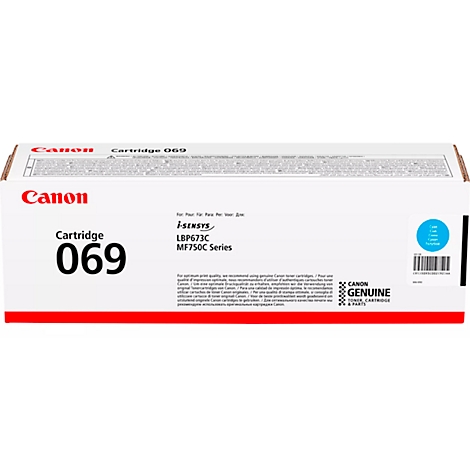 A Canon printer cartridge in its packaging. Inscription: Cartridge 069, Canon, i-SENSYS. Blue label with barcode.