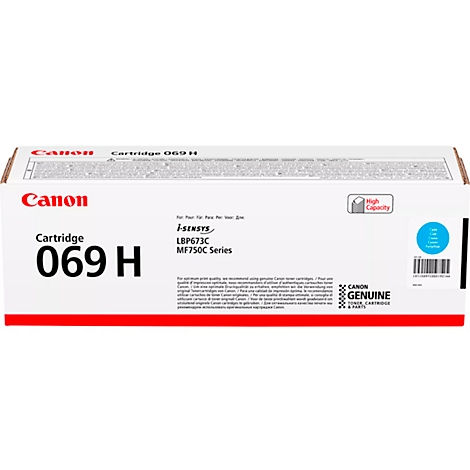 White Canon toner cartridge with red lettering. Inscription: Cartridge 069 H, i-SENSYS LBP673C MF750C series. High Capacity.