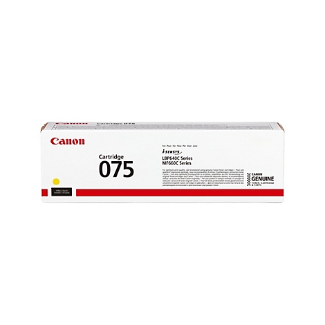 Gelbe Canon Cartridge 075. Aufschrift: Canon, Cartridge 075, LBP640C Serie, MF640C Serie, Genuine.