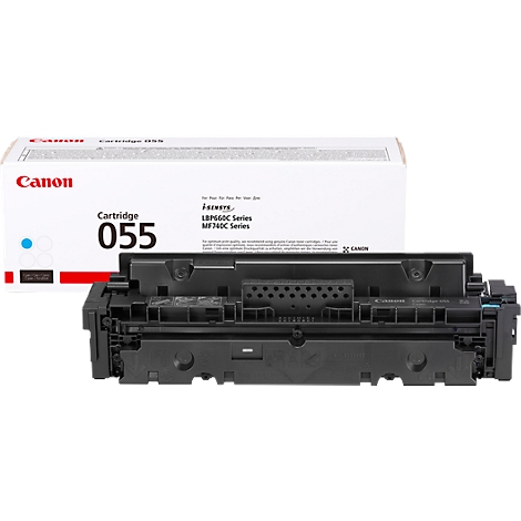 A Canon cartridge 055 in front of a white box with the Canon logo.