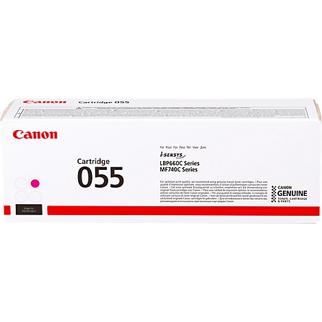 Canon Cartridge 055 packaging. White, red, and pink dominate. Canon logo in the top left, the word 'Cartridge 055' below.