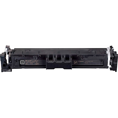 A black toner cartridge. The brand name CANON and other lettering can be seen on the cartridge.