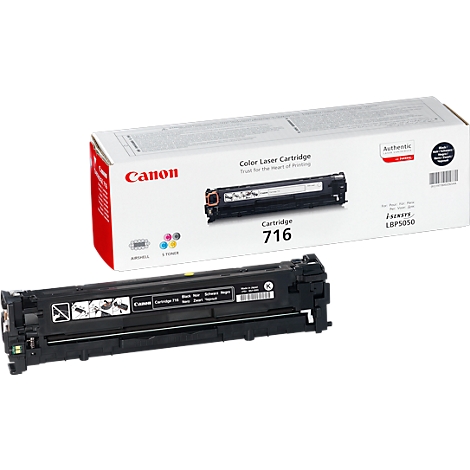 Black and gray Canon toner cartridge next to its box with the logo and print.