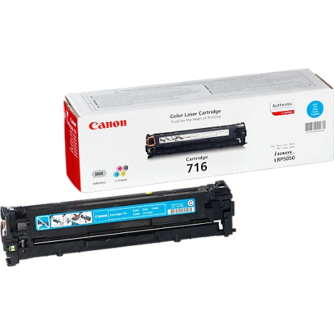 A black Canon toner cartridge and its packaging. The packaging says "Canon" and "716".