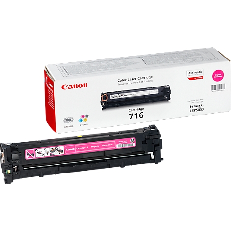 A Canon toner cartridge and its packaging. The cartridge is pink. The box says 'Color Laser Cartridge' and 'Cartridge 716'.