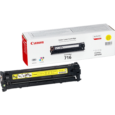 A yellow Canon color laser cartridge. Next to it, the packaging with the logo and the words 'Cartridge 716'.