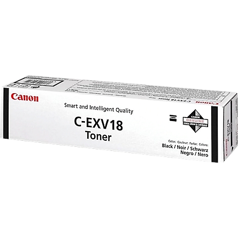 Eine Canon Toner-Box in Weiß mit schwarzer Schrift. Aufgedruckt: C-EXV18, Toner, schwarz.
