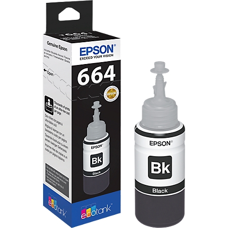 Epson ink bottle and box with the imprint '664 Bk Black'.