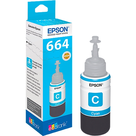 A cyan ink bottle and its packaging. Both show Epson logos and lettering. The bottle has a blue band that says "Cyan".