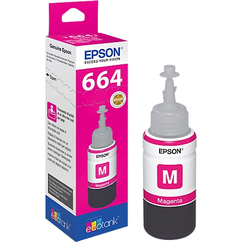 Magenta Epson ink 664 next to a box with the inscription "Epson".