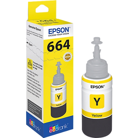 Yellow Epson ink bottle and its packaging. Text 664, yellow. Printed 'Yellow'.