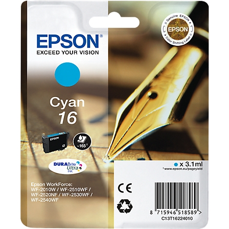Epson cyan ink cartridge, with a fountain pen depicted. Printed: Cyan 16.