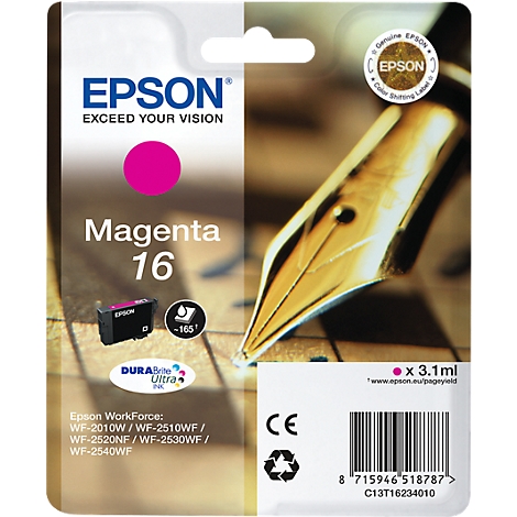 Magenta ink cartridge from Epson. Text: Magenta 16. Below: Epson WorkForce.