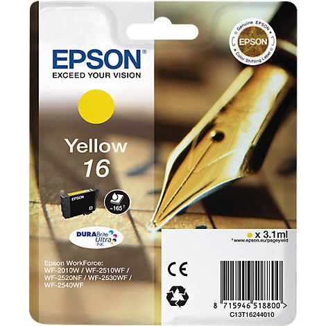 Yellow Epson ink cartridge, package of yellow ink. Printed logos and product details.