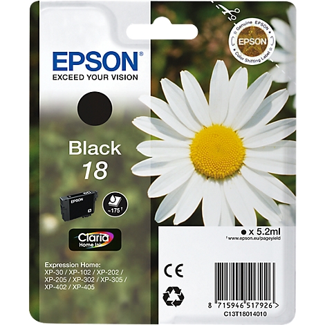 Black Epson ink cartridge No. 18, in front of daisies. Text: Epson, Black 18, Claria Home Ink. Product information and barcode.