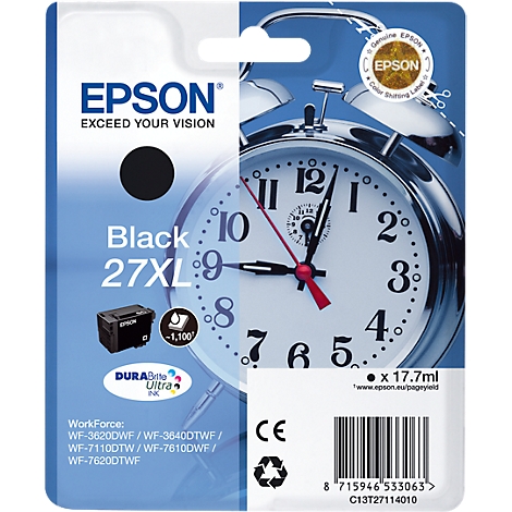 Black Epson 27XL ink cartridge with an alarm clock background. Product information and durability specifications are also included.
