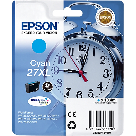 An Epson cyan ink cartridge with a clock in the background and product information.