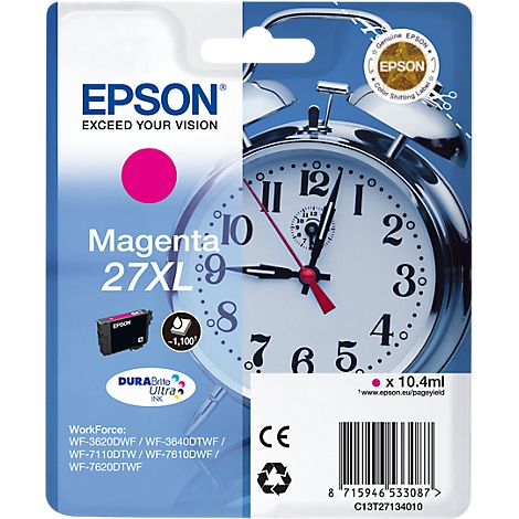A magenta Epson ink cartridge with a clockwork in the background. Product information and the Epson logo are shown on the packaging.