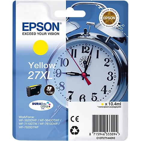 Packaging of a yellow Epson 27XL ink cartridge. A clock face is visible in the background.