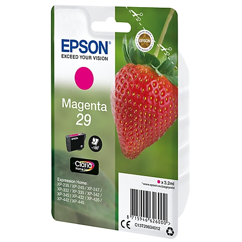 Epson ink cartridge Magenta 29. Image of a strawberry to illustrate the color.