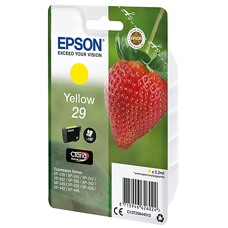 Yellow Epson ink cartridge, next to a strawberry. Prints: Epson, Yellow 29, Claria, Expression Home.