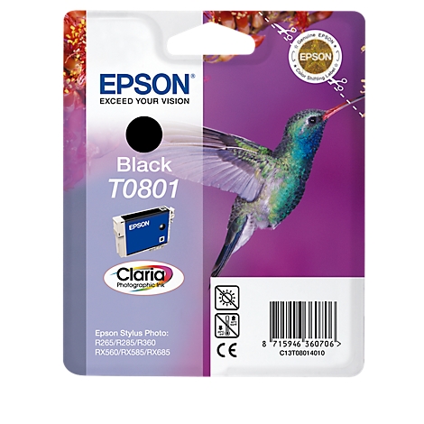 Black Epson ink cartridge T0801 with a hummingbird on a purple background.
