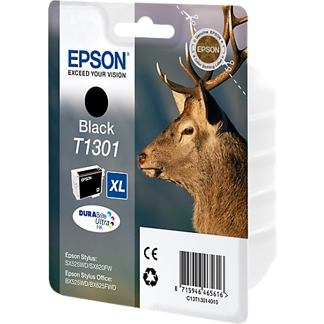 Epson T1301 black ink cartridge with a deer image in the background. The package displays brand logos and product information.