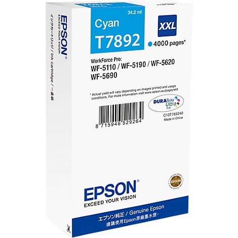 A white Epson ink cartridge, Cyan, T7892, XXL. Prints: WorkForce Pro, 4000 pages. Barcode and logo.