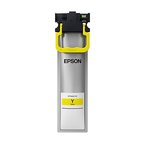 A yellow ink cartridge with a black handle and EPSON logo.