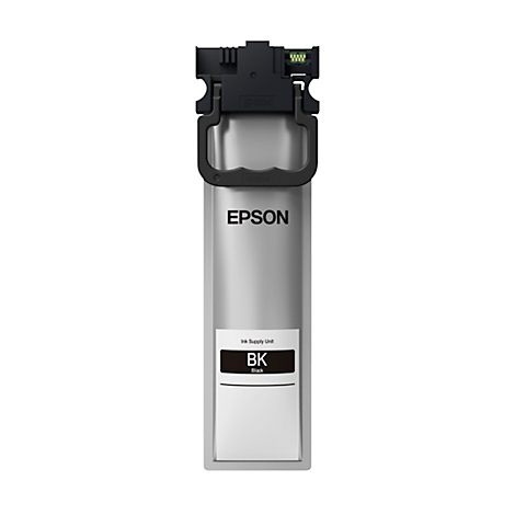 Black Epson ink cartridge, gray container with black lid, "EPSON" logo, "BK" label.