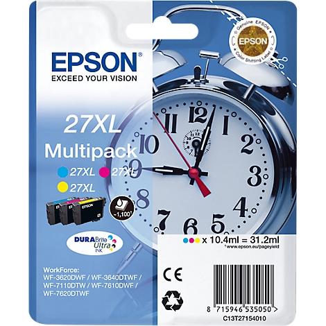Epson 27XL multipack ink cartridge with a clock background. Colors: black, cyan, magenta, yellow. Inscription: DURABrite Ultra.