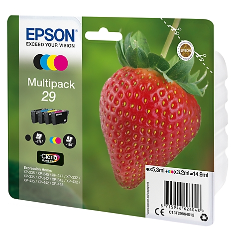 Epson ink cartridge multipack 29, packaged with a strawberry on a green background.