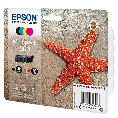 Epson ink cartridge multipack 603 with a red starfish decoration on sand. Pack with black, blue, yellow and pink ink.
