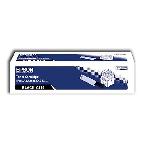An Epson toner cartridge packaged in a white box with blue stripe and black text.