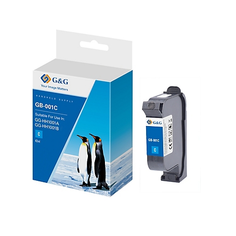 Tintenpatrone und Verpackung mit Pinguinen, Text: GB-001C, geeignet für GG-HH1001A und B. G&G Logo.
